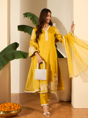 Floral Embroidered V-Neck Thread Work Straight Kurta & Trousers With Dupatta