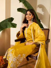 Floral Embroidered V-Neck Thread Work Straight Kurta & Trousers With Dupatta