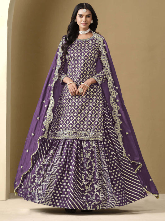 Purple Embroidered Silk Lehenga Set