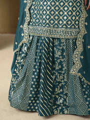 Teal Embroidered Silk Lehenga Set