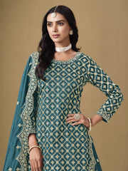 Teal Embroidered Silk Lehenga Set