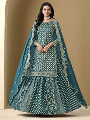Teal Embroidered Silk Lehenga Set