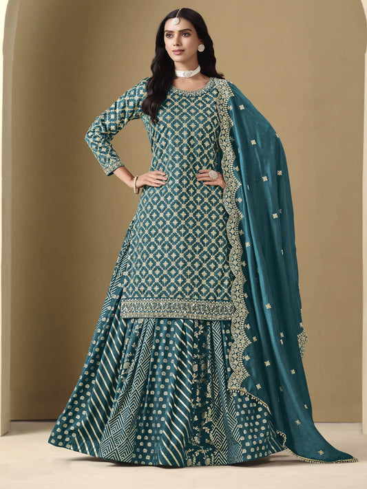 Teal Embroidered Silk Lehenga Set
