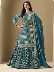 Teal Embroidered Silk Lehenga Set