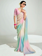 Pink And Cream Embroidered Shaded Silk Sari