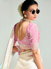 Pink And Cream Embroidered Shaded Silk Sari