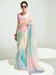 Pink And Cream Embroidered Shaded Silk Sari