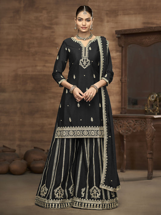 Black Chinon Embroidered, Sequins and Zari Work Sharara Set