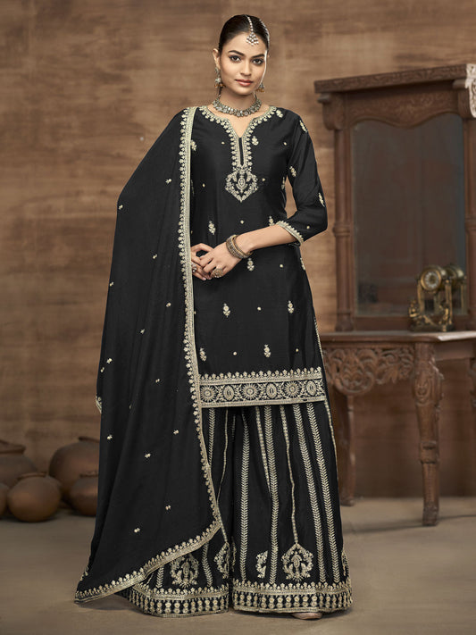 Black Chinon Embroidered, Sequins and Zari Work Sharara Set