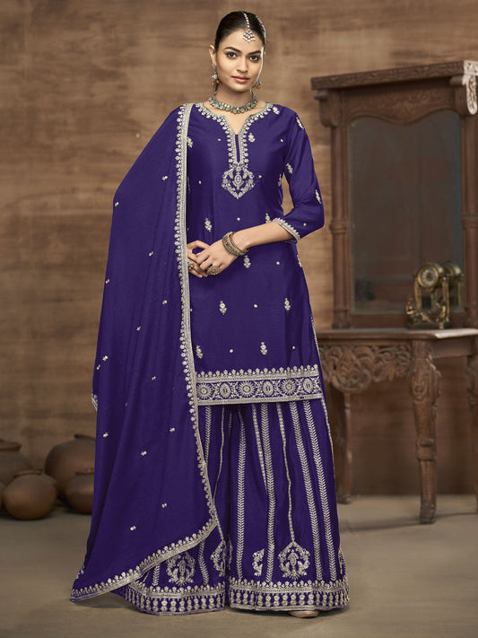 Purple Chinon Embroidered, Sequins and Zari Work Sharara Set