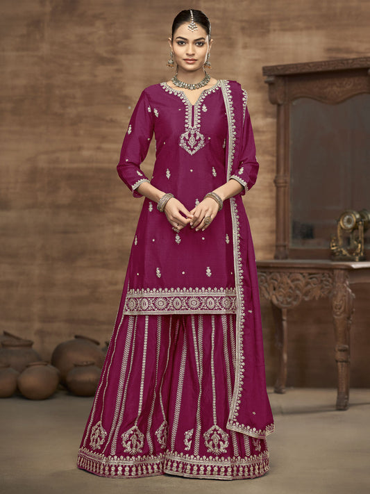 Rani Chinon Embroidered, Sequins and Zari Work Sharara Set