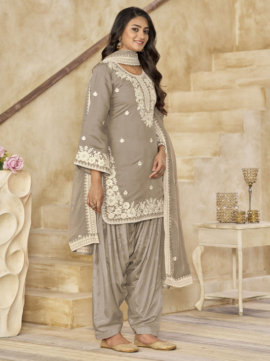 Grey Silk Patiala Partywear Suit