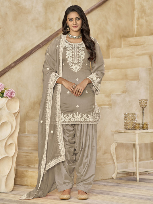 Grey Silk Patiala Partywear Suit