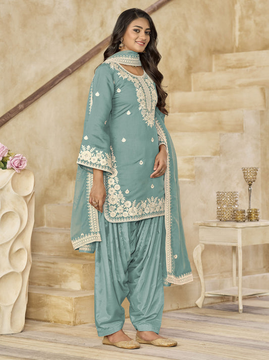 Firozi Silk Patiala Partywear Suit
