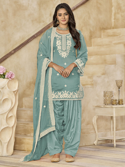 Firozi Silk Patiala Partywear Suit