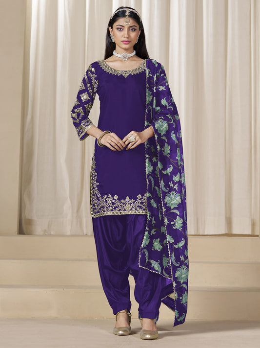 Purple Embroidered Mirror Work Punjabi Suit