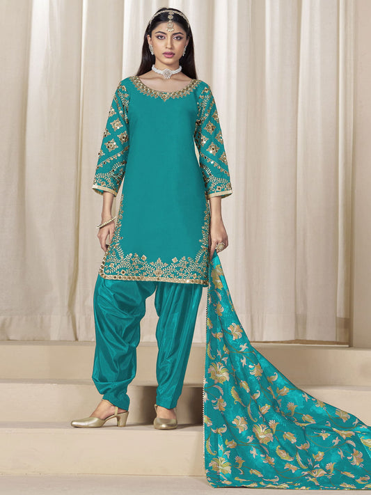 Firozi Embroidered Mirror Work Punjabi Suit