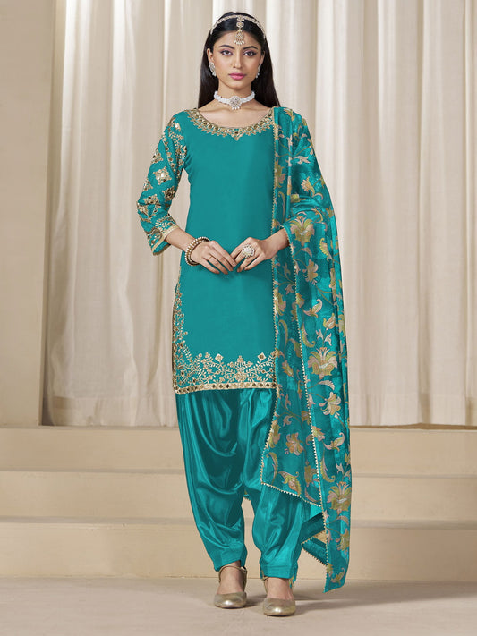 Firozi Embroidered Mirror Work Punjabi Suit