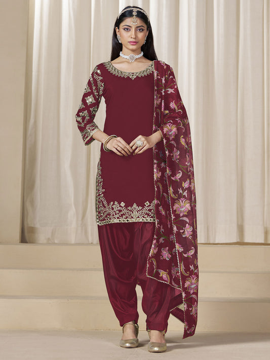 Maroon Embroidered Mirror Work Punjabi Suit