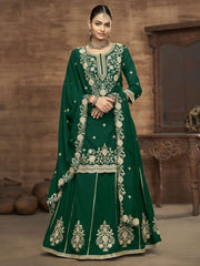 Green Kurti Style Embroidered Silk Lehenga Style Suit