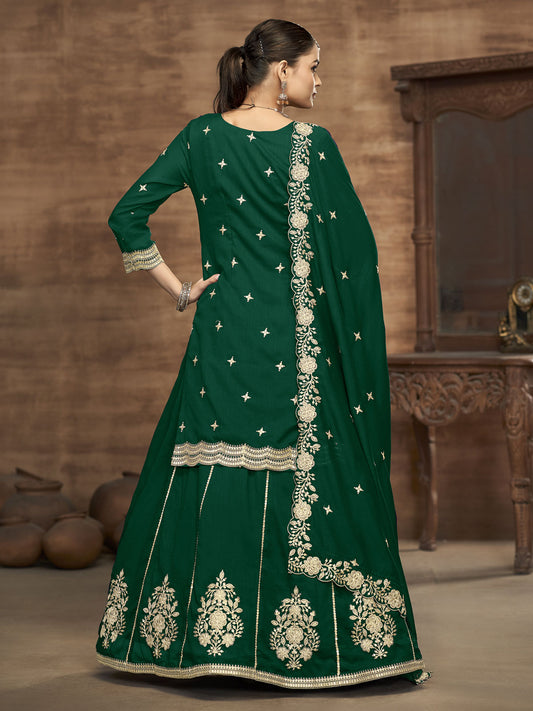 Green Kurti Style Embroidered Silk Lehenga Style Suit