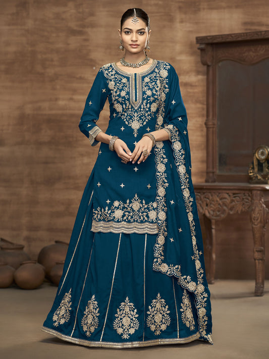 Blue Kurti Style Embroidered Silk Lehenga Style Suit