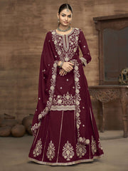 Maroon Kurti Style Embroidered Silk Lehenga Style Suit