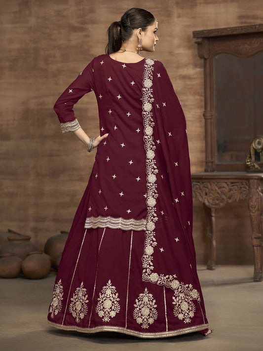 Maroon Kurti Style Embroidered Silk Lehenga Style Suit