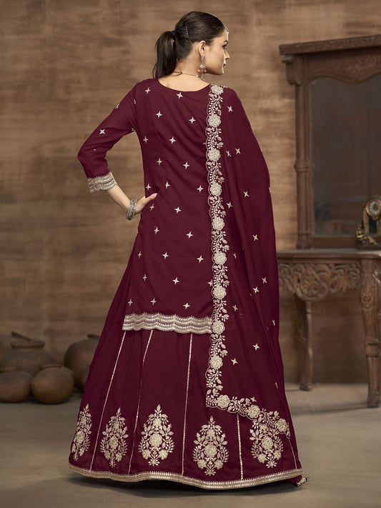 Maroon Kurti Style Embroidered Silk Lehenga Style Suit