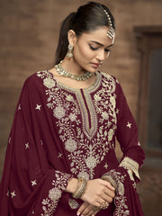 Maroon Kurti Style Embroidered Silk Lehenga Style Suit