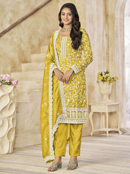 Yellow Organza Material Pant Style Suit