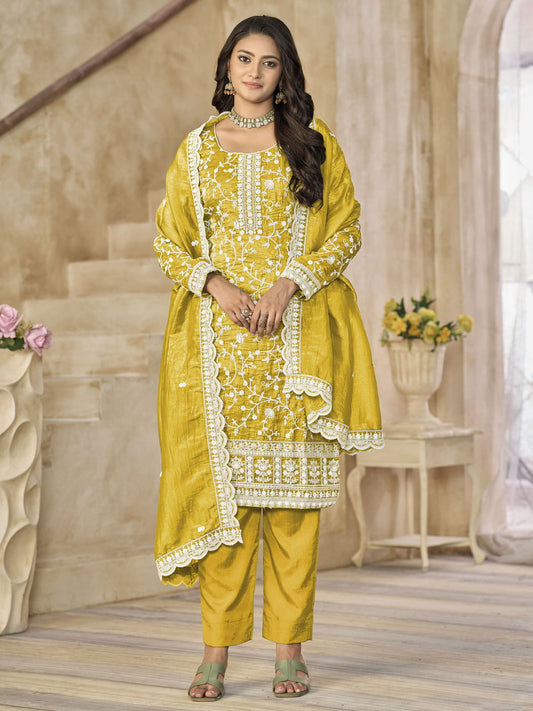 Yellow Organza Material Pant Style Suit
