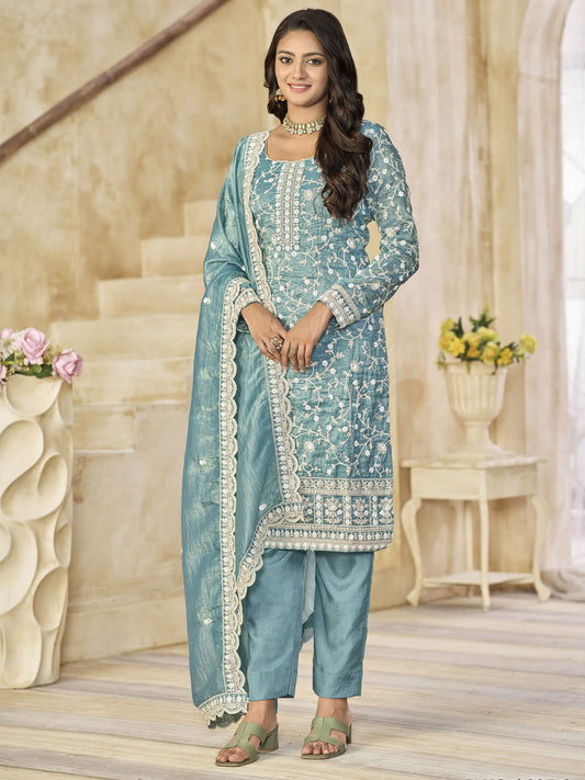 Blue Organza Material Pant Style Suit