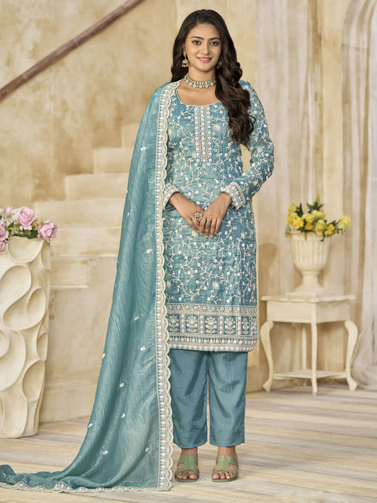 Blue Organza Material Pant Style Suit