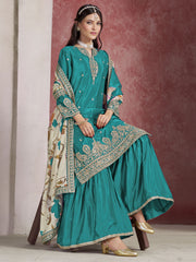 Turquoise Zari Threads Work Festive Gharara Style Suit
