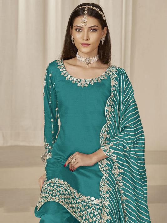 Teal Silk Embroidered Sequins With Mirror Work Salwar Suit Festive Wear