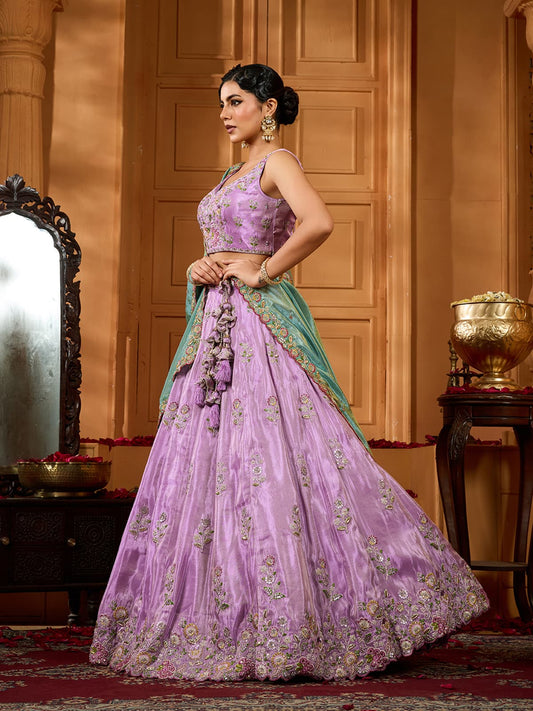 Lavender Satin Silk Fabric Sequins embroidery Semi-Stitched Lehenga & Unstitched Blouse With Dupatta