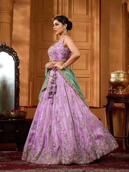 Lavender Satin Silk Fabric Sequins embroidery Semi-Stitched Lehenga & Unstitched Blouse With Dupatta