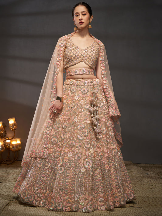 Peach Net Multi Sequins with heavy Zarkan embroidery Semi-Stitched Lehenga choli & Dupatta