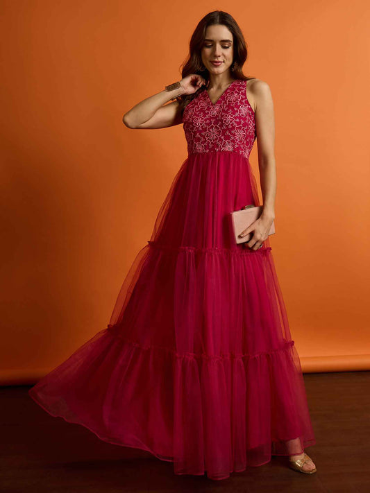 Embroidered V-Neck Maxi Ethnic Dresses