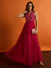 Embroidered V-Neck Maxi Ethnic Dresses