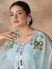 Organza Sequins Party Wear Kurti in Aqua Blue