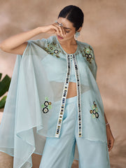 Organza Sequins Party Wear Kurti in Aqua Blue