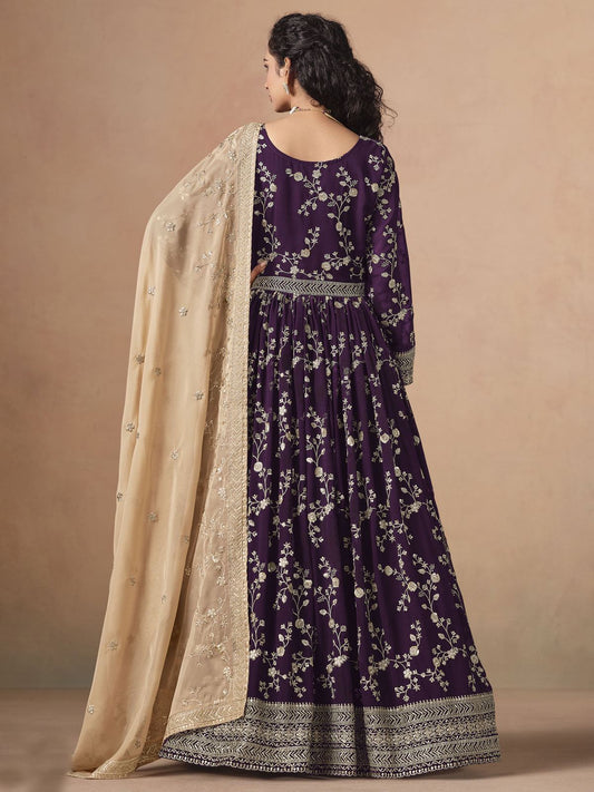 Wine Faux Georgette Embroidered Long Anarkali Suit