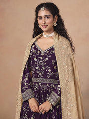 Wine Faux Georgette Embroidered Long Anarkali Suit