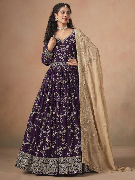Wine Faux Georgette Embroidered Long Anarkali Suit