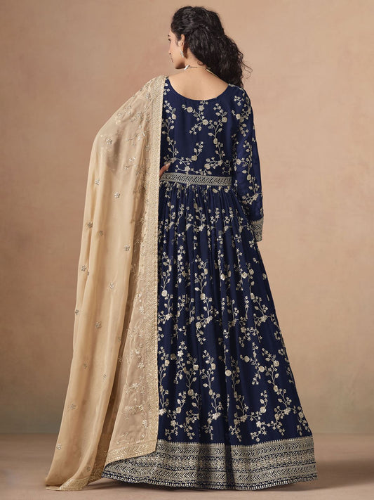 Navy Blue Faux Georgette Embroidered Anarkali Suit