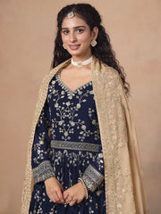 Navy Blue Faux Georgette Embroidered Anarkali Suit