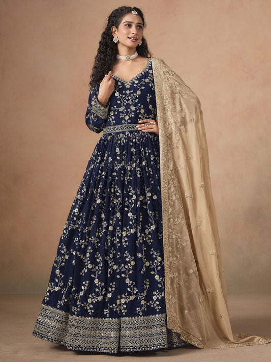 Navy Blue Faux Georgette Embroidered Anarkali Suit