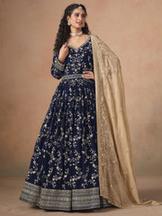 Navy Blue Faux Georgette Embroidered Anarkali Suit
